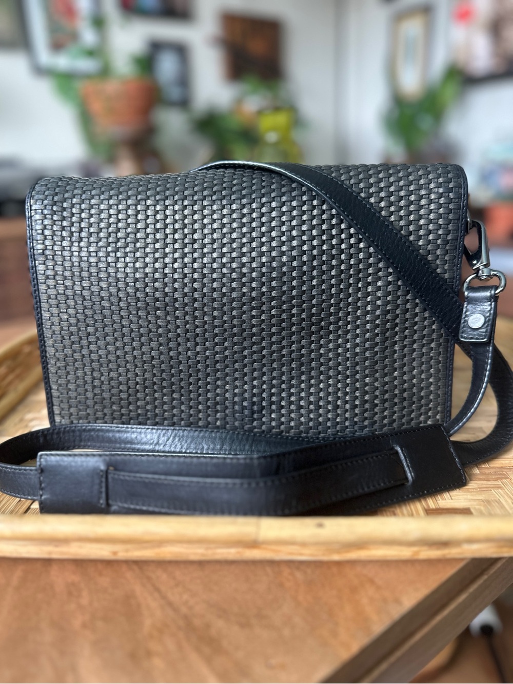 Christopher Kon Black Metallic Woven Leather Crossbody Flap Shoulder Bag